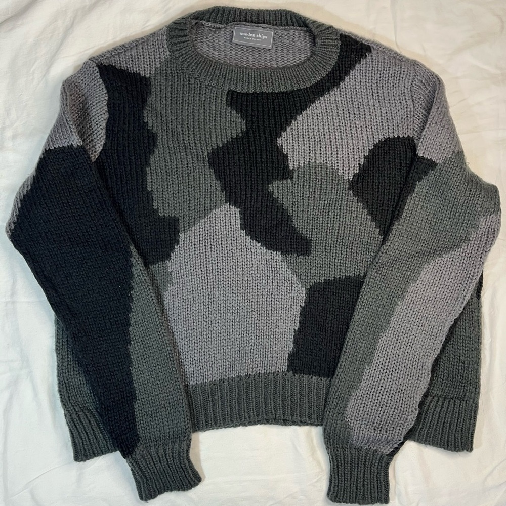 Wooden Ships Black Gray Camo Warm Knit Pullover Crewneck Sweater Women’s Small